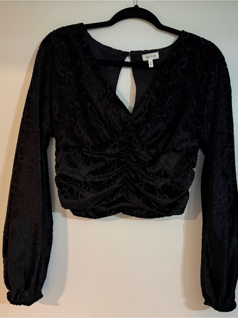 ELF Black Velvet Crop Top with Ruched Front